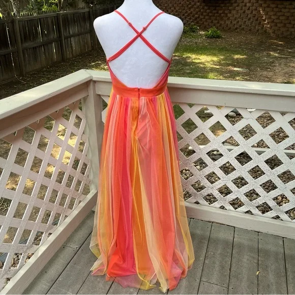 Luxxel Rainbow Dress Small Plunging Open Back Strappy Maxi Babydoll Fairy Ballet - Picture 4 of 14